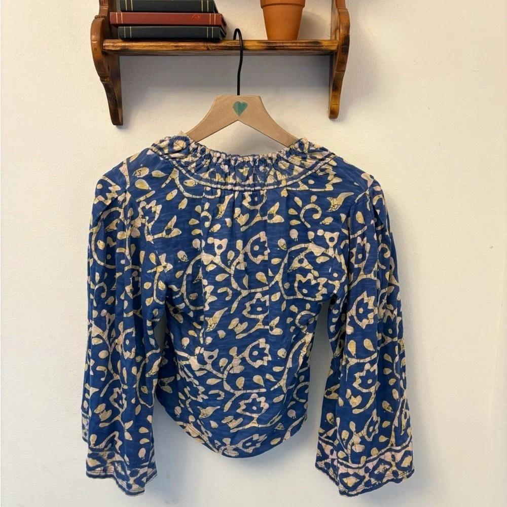 Free People On The Block Blue Combo Bell Sleeve Blouse | Size S
